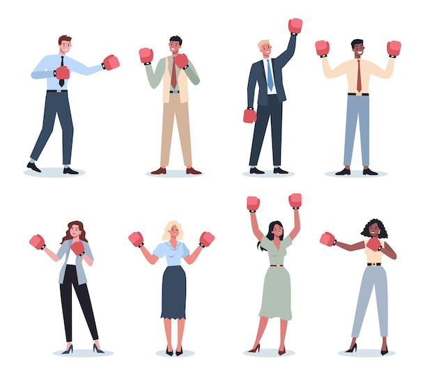 Vector business people wearing red boxing gloves. female and male characters staying in strong winner pose. business worker smile. successful employee, competition concept.