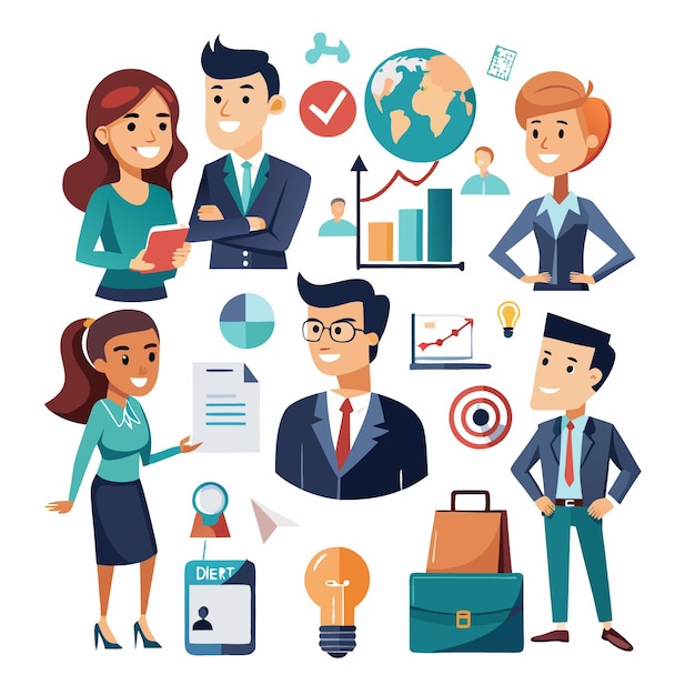 Business People with Icons Representing Teamwork Success and Growth