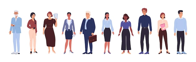 Business people Woman and man persons Office workers team Employee in suit Diverse characters set Colleagues group Standing managers Corporate staff Vector cartoon collection