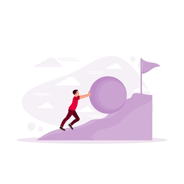 Business people work hard pushing a load to the finish Employee growth and motivation concept In Progress concept trend modern vector flat illustration