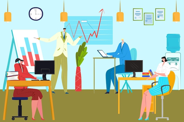 Business people work in office, vector illustration. Flat man woman charcater team use computer, company teamwork with analytic graph. Workplace with desk, boss show chart at group meeting.