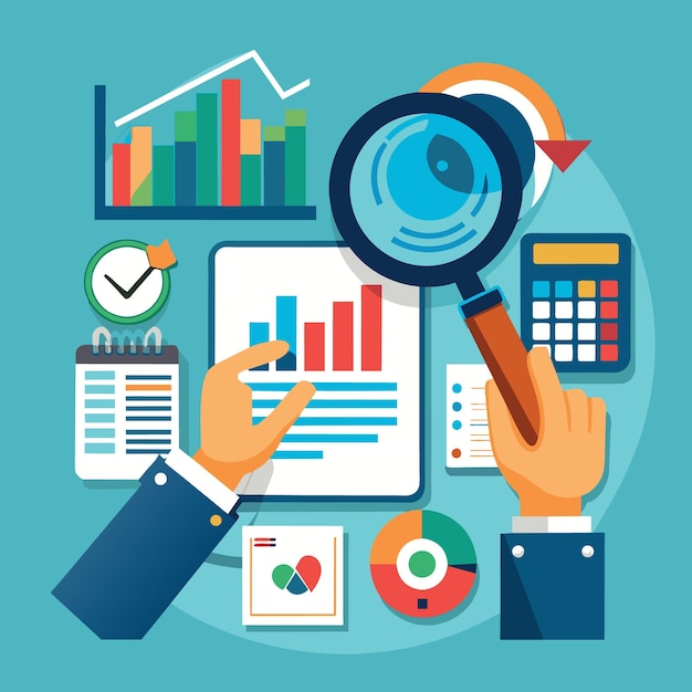 Business performance review by month or quarter concept hand holding magnifying glass on Q1 and Q2