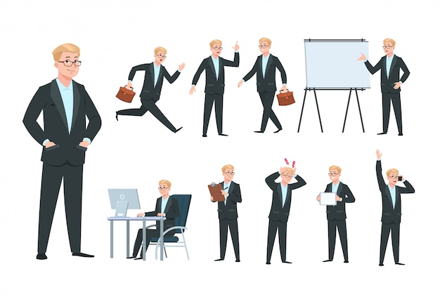 Business person. Businessman character, professional worker in different office business activity. Cartoon isolated collection