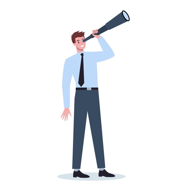 Vector business person in formal office clothes holding a telescope. man searching for new perspective and opportunity. leadership concept. 