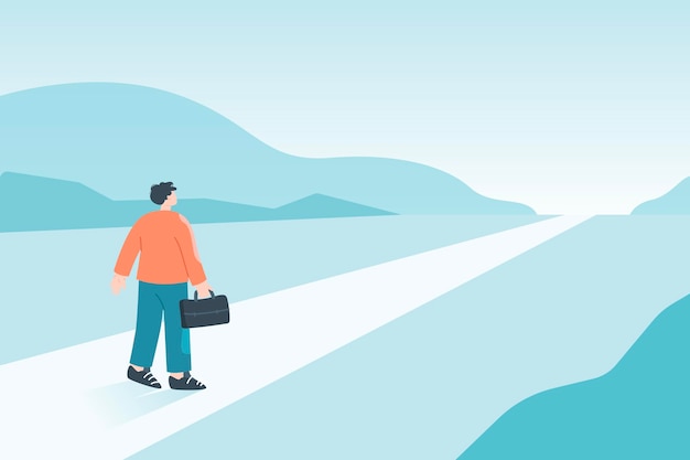 Business person on long abstract road in future. Journey of businessman on way to job opportunity, visionary goals, hope of success flat vector illustration. Business challenge in work, career concept