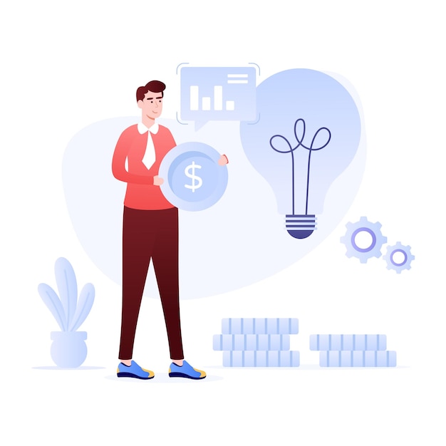 Business person with light bulb and money flat illustration of entrepreneurship