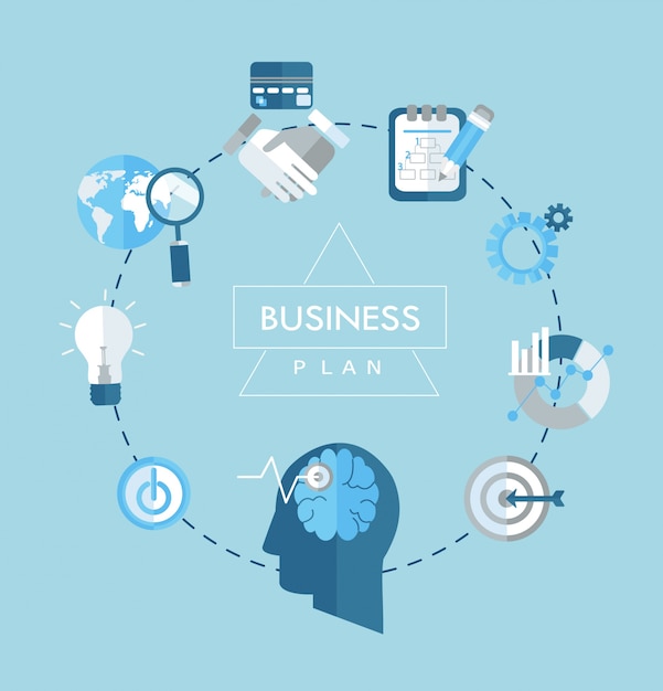 Business plan concept flat icons illustration.