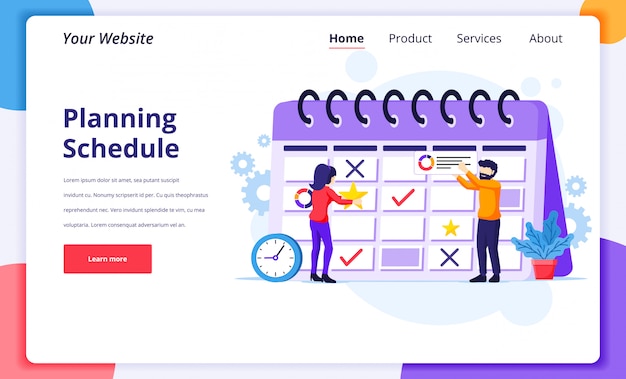 Business planning concept illustration, People filling out the schedule on a giant calendar, work in progress for website landing page