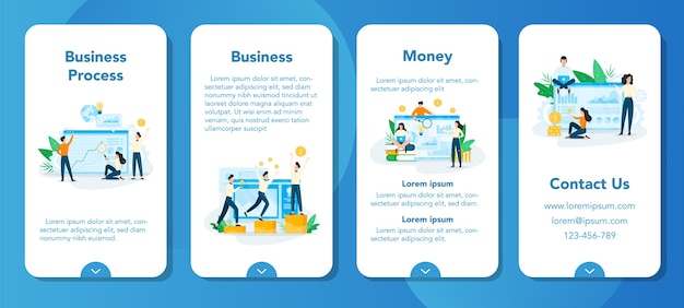 Business planning mobile application banner set. Idea of analysis and management. Financial development. People making research.   