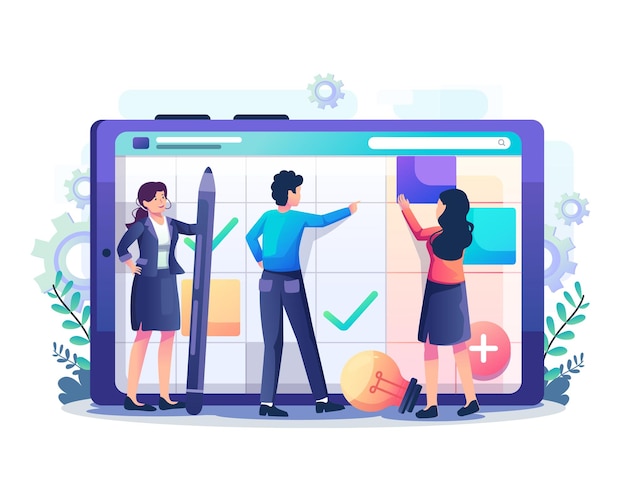 Business planning with people filling out the schedule on a giant gadget Work schedule illustration