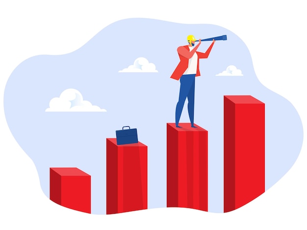 business prediction with telescope step on rise up graph to top of a graph