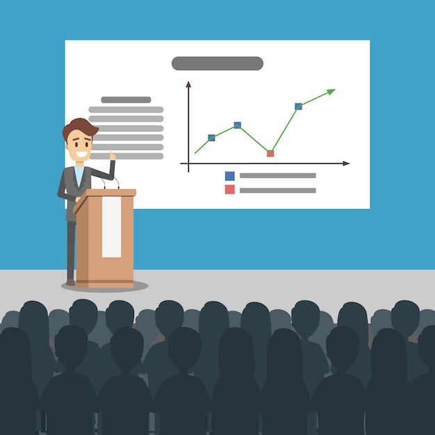 Business presentation illustration. Man presenting with board.