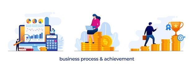 Business process and achievement goal and target business plan financial marketing investment flat illustration vector