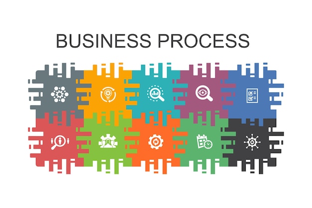 Business process cartoon template with flat elements. Contains such icons as implement, analyze, development, Processing