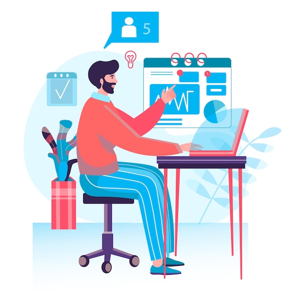 Business process concept. Analyst research statistics, analyzes financial data, develops strategy. Optimization and planning character scene. Vector illustration in flat design with people activities