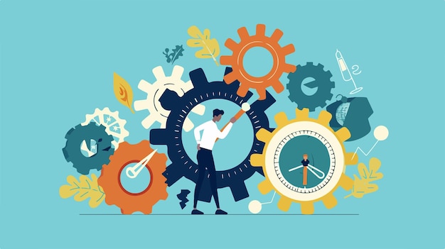 Vector business process concept with man and big gears