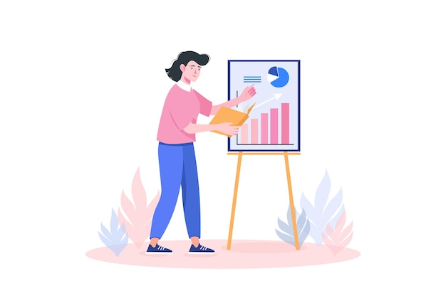 Business process concept with people scene in flat cartoon design Woman presents her business plan