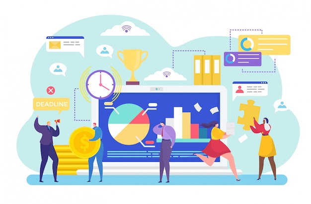 Business process management , cartoon tiny people workers, solving work task in data analysis on white