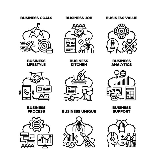 Business Process Set Icons Vector Illustrations Business Goals And Job Value And Lifestyle Support And Analytics Unique And Office Kitchen Professional Achievement Black Illustration