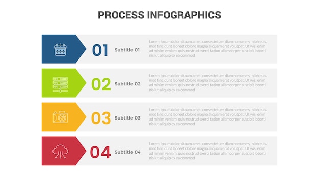 Business process stage infographics template diagram banner with long rectangle box vertical direction and 4 point step creative design for slide presentation data