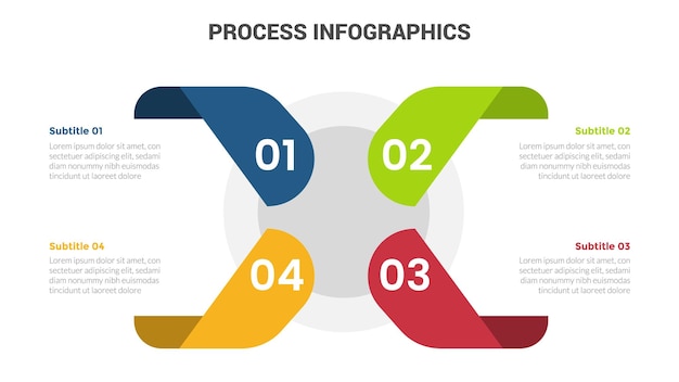 Business process stage infographics template diagram banner with ribbon center shape and 4 point step creative design for slide presentation data