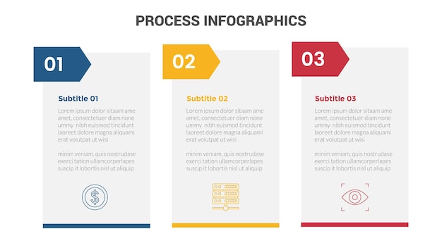 Business process stage infographics template diagram banner with table box content and badge and 3 point step creative design for slide presentation data