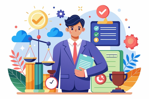 A business professional stands with legal scales charts and checklists symbolizing customizable obligations Obligations Customizable Semi Flat Illustration