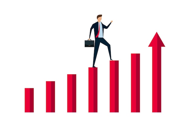 Business profit growth confidence smart businessman jumping on moving up bar graph with rising up arrow as ladder of success