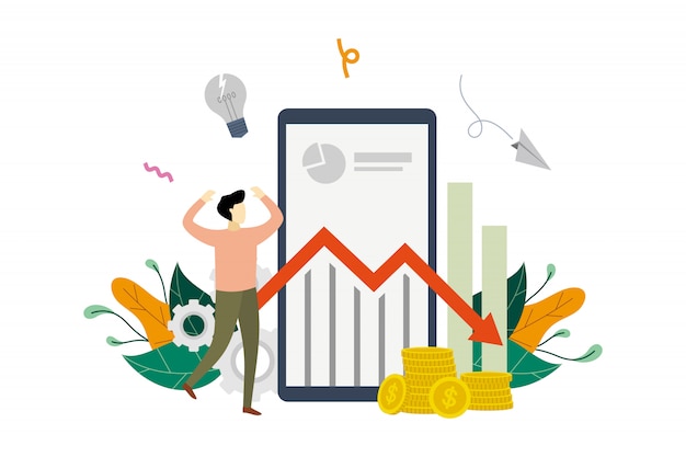 Business profit loss, profit decrease, marketing income down arrow stock graph   flat illustration template