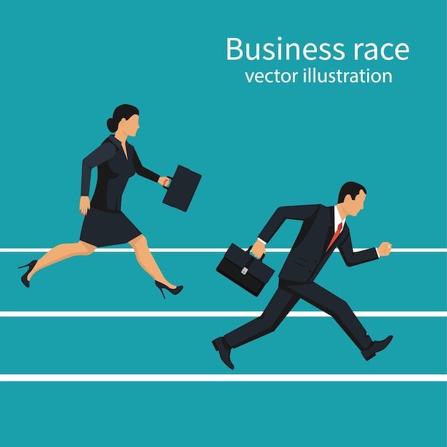 Business race. Businessmen and women running down track. Competition concept. Winning strategy.  illustration flat design. Isolated on background. Running people. Direction to victory.