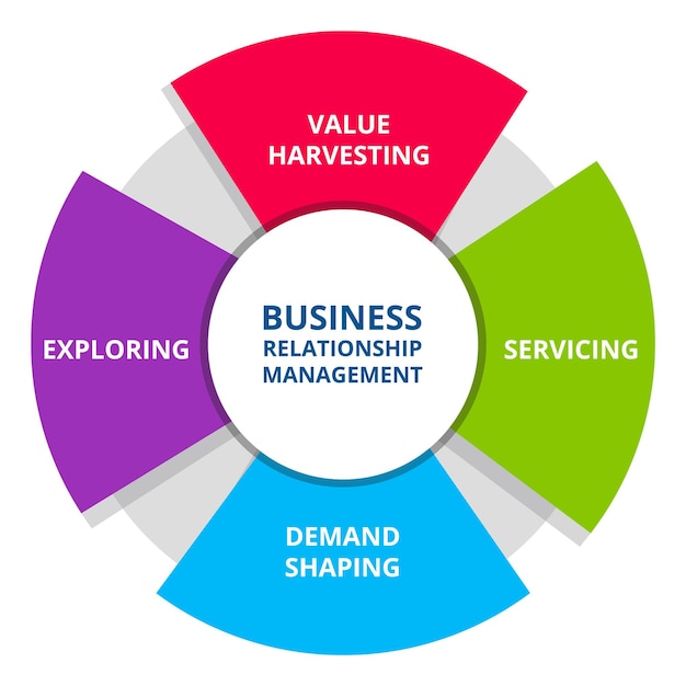 Business relationship management value harvesting servicing demand shaping exploring in diagram flat style