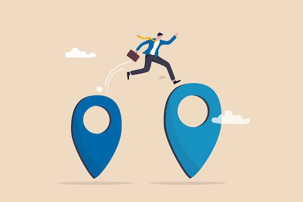 Business relocation move office to new address or transfer to new location concept businessman company owner jumping from map navigation pin to new one metaphor of relocation