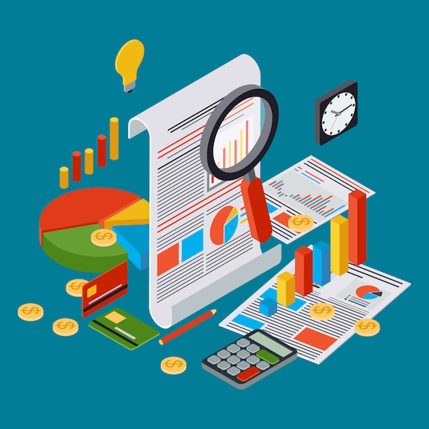 Business report, financial statistic, management, analytics flat 3d isometric vector concept. Modern web infographic illustration