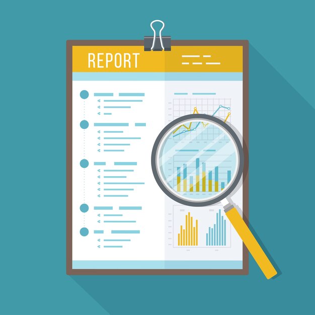 Vector business report, paper document with magnifying glass. isolated icon with long shadow. charts graphs on a paper. accounting, analysis, research, planning, audit, report, management.