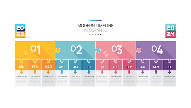 Business road map timeline infographic jigsaw template Modern milestone element timeline diagram calendar and 4 quarter topics Can be used for vector infographics digital marketing data presentations