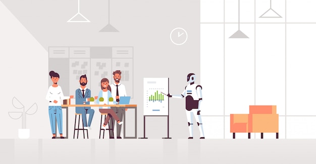 business robot speaker presenting financial graph on flip chart to businesspeople team at conference meeting artificial intelligence technology modern office interior