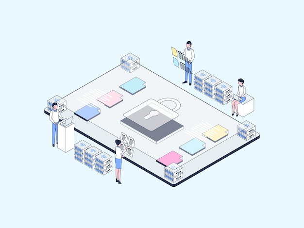 Business Security Isometric Illustration Lineal Color. Suitable for Mobile App, Website, Banner, Diagrams, Infographics, and Other Graphic Assets.