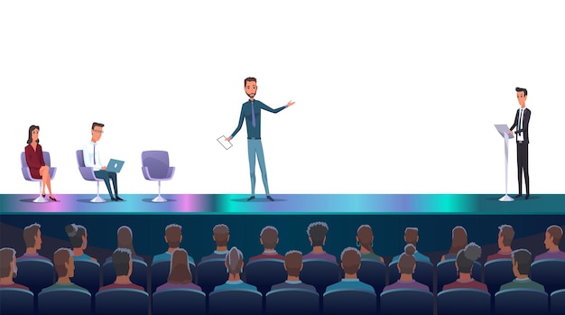 Business seminar speaker doing presentation and professional training about marketing sales and ecommerce Flat vector illustration of presentation conference and motivation for business audience