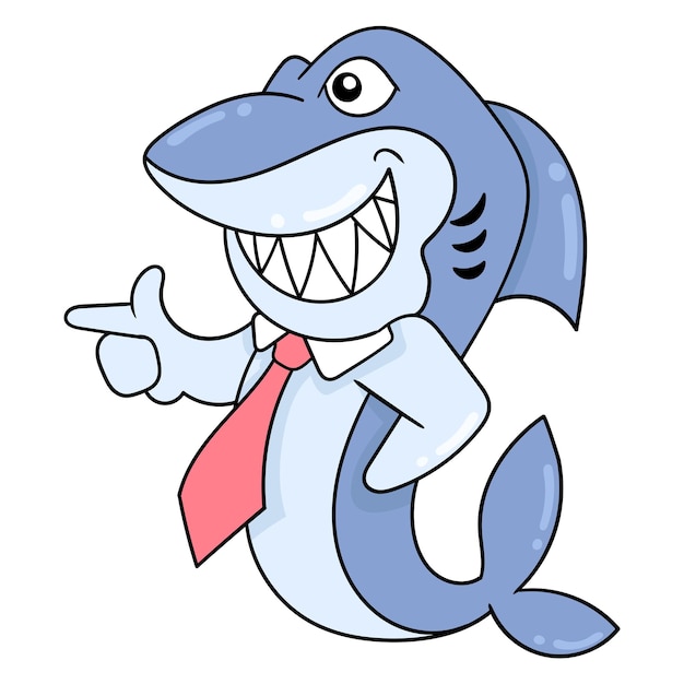 Business shark wearing a red tie going to the office, vector illustration art. doodle icon image kawaii.