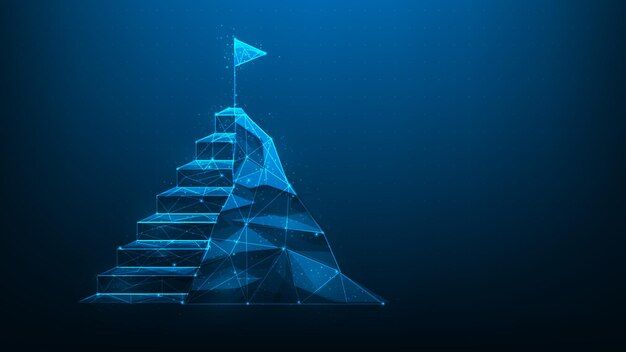 Vector business stair mountain goal achievement digital on blue dark background. staircase step to target.