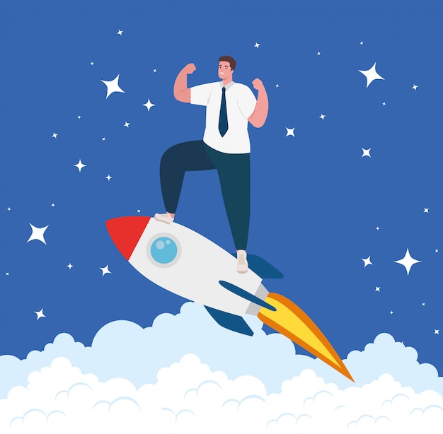 business start up concept, banner, business object startup process, businessman in rocket and clouds