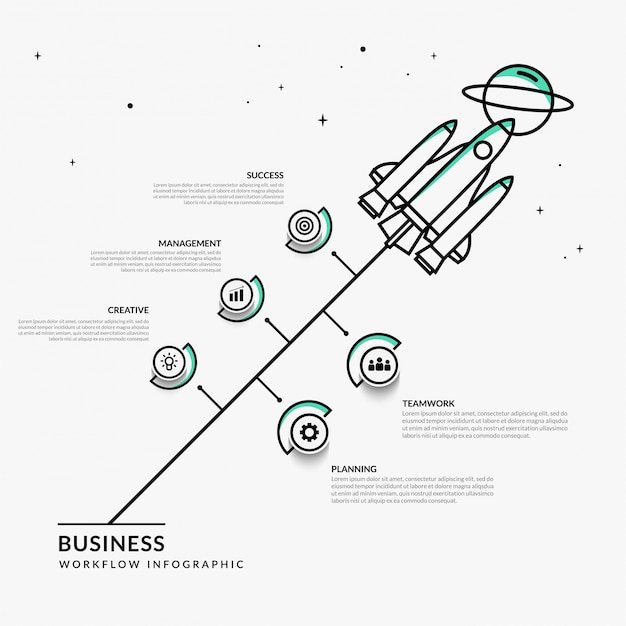 Vector business start up infographic with multiple options, outline rocket launching workflow template