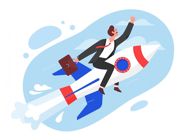 Business startup concept illustration. Cartoon flat superhero businessman character flying in sky on fast rocket, start new idea project, boost success in job or career growth isolated