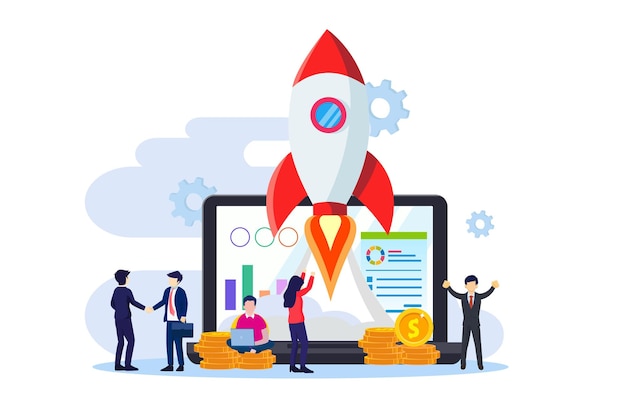 Business Startup concept People working on the rocket launch illustration vector