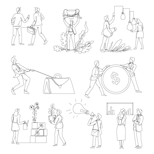 Business and startup isolated outline icons office workers and cooperation