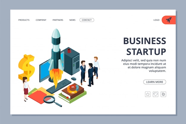 Business startup landing page.  isometric young business team and rocket. Successful startup web page