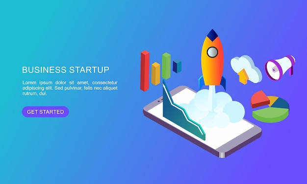 business startup with rocket website banner in flat style