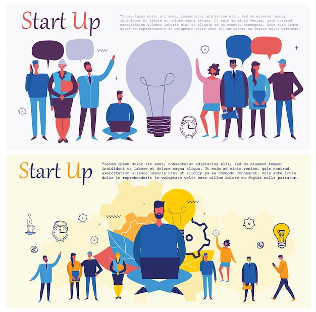 Business startup work moments flat banner New ideas search for investor increased profits Vector illustration of a business situation Businessman and businesswoman enter into a contract