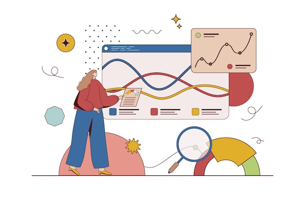 Business statistic concept with character situation in flat design Woman analyzes data and financial statistics of development of company writes report Vector illustration with people scene for web