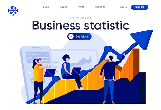 Business statistic flat landing page. Team of business analysts studying growing diagram illustration. Financial accounting and consulting service web page composition with people characters